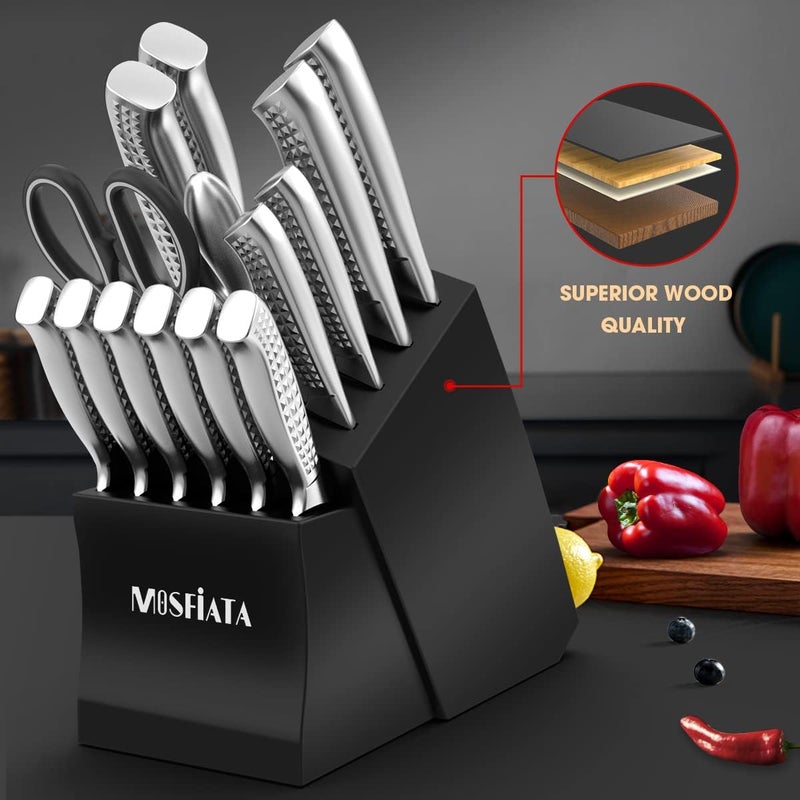 MOSFiATA Japanese Stainless Steel Knife Set, 17 Pcs with Block, Knife Sharpening Rod, Dishwasher Safe, Dad Birthday Gift - Image 4